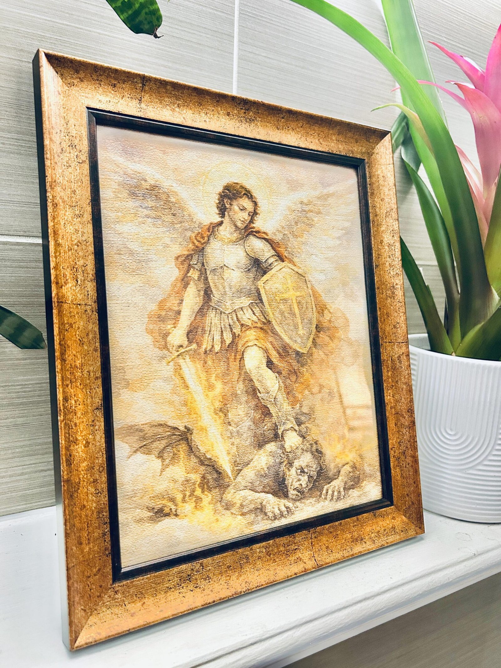 Saint Michael the Archangel Print | Canvas Texture Wall Art, Christian Faith Decor