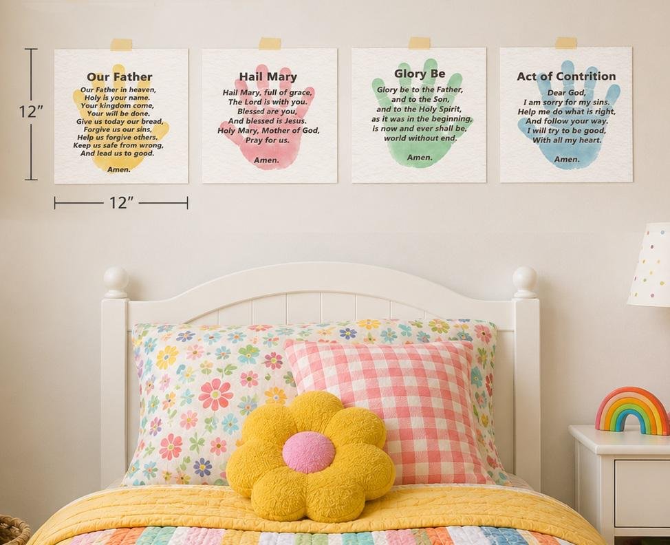 Kids Essential Catholic Prayer Print Bundle Handprint| Our Father, Hail Mary, Glory Be, & Act of Contrition | Nursery Bedroom Decor