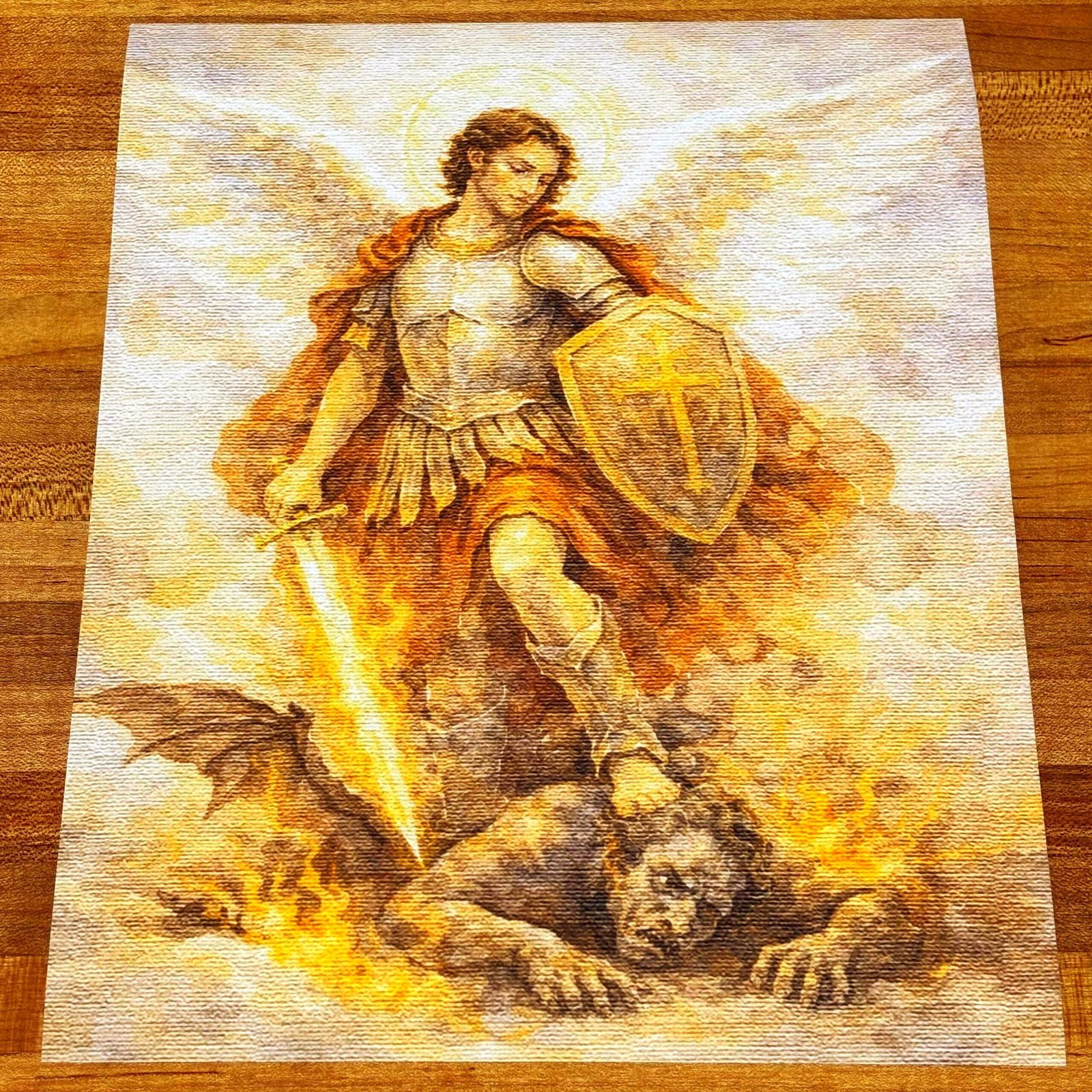 Saint Michael the Archangel Print | Canvas Texture Wall Art, Christian Faith Decor