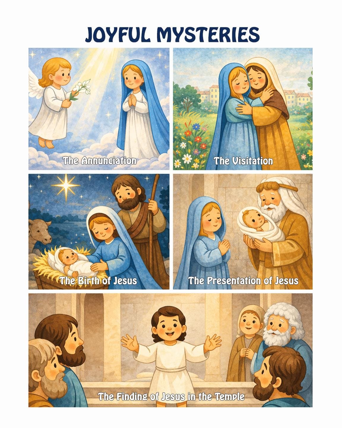 Kids Rosary Mysteries Print | Catholic Nursery Wall Art, Rosary Prayer Guide for Children