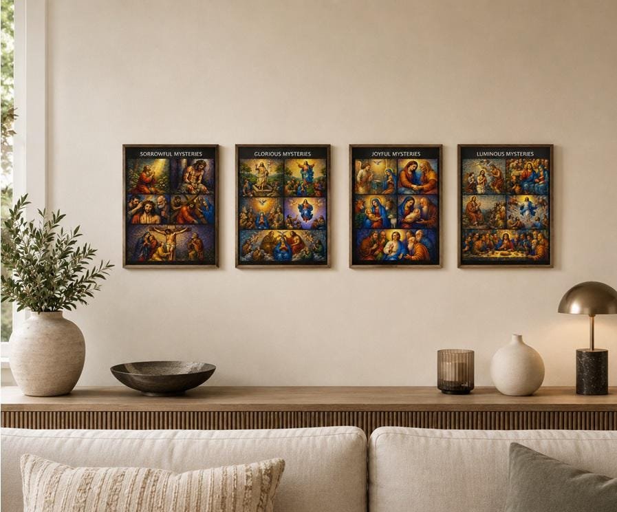 Mosaic Rosary Mysteries Print | Catholic Wall Art, Rosary Prayer Guide, Christian Home Decor