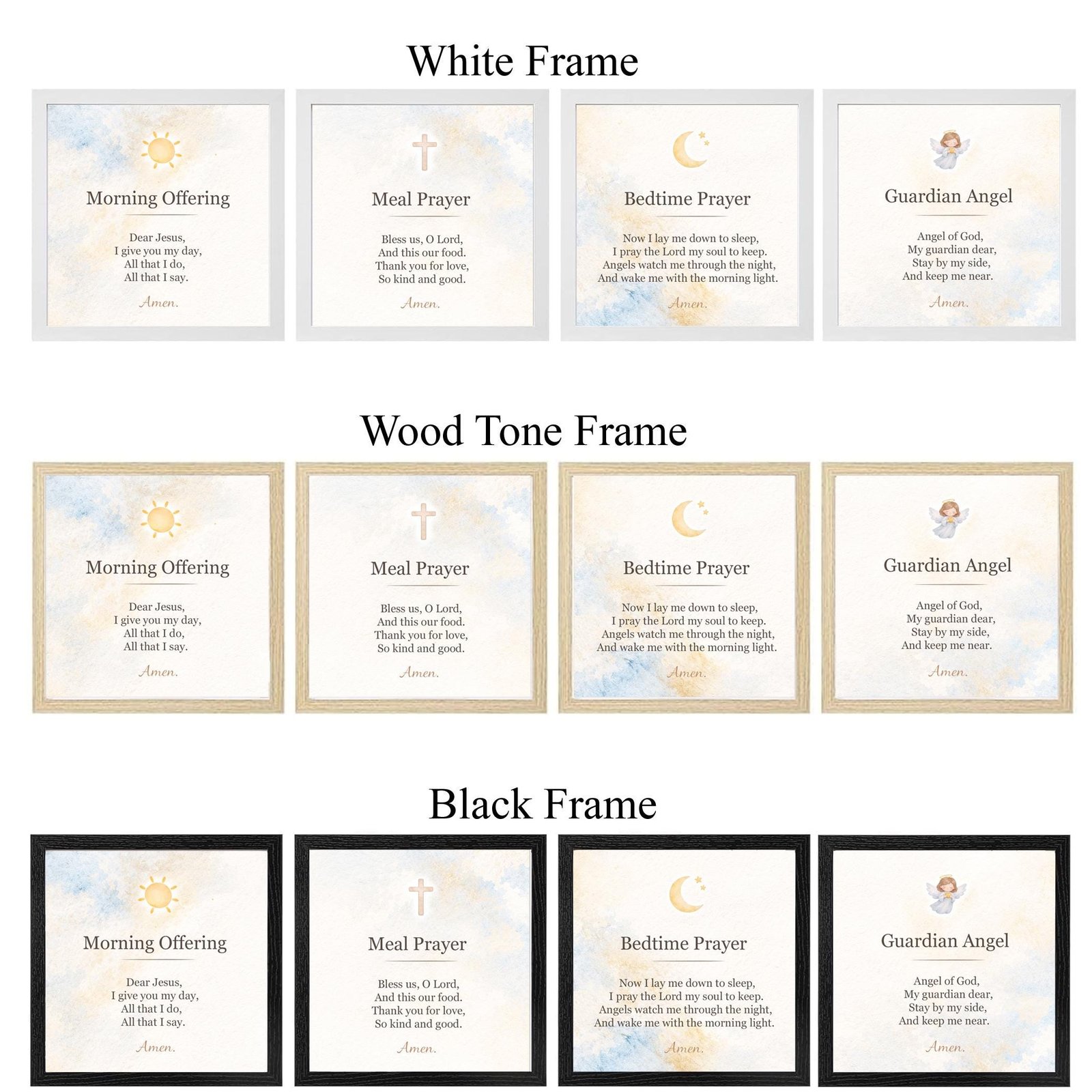 Kids Daily Prayer Print Bundle Watercolor | Morning Offering, Meal, Bedtime & Guardian Angel Prayers | English or Spanish Decor