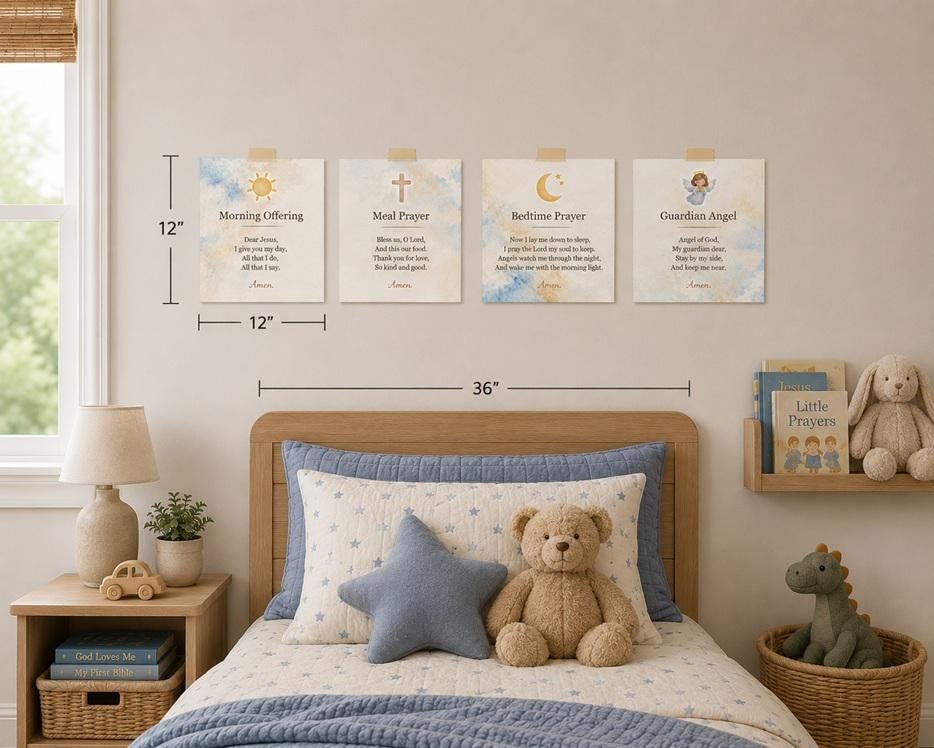 Kids Daily Prayer Print Bundle Watercolor | Morning Offering, Meal, Bedtime & Guardian Angel Prayers | English or Spanish Decor