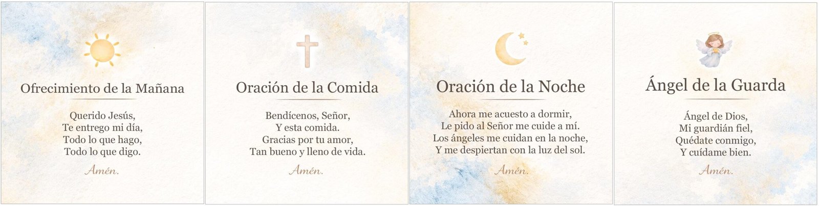 Kids Daily Prayer Print Bundle Watercolor | Morning Offering, Meal, Bedtime & Guardian Angel Prayers | English or Spanish Decor