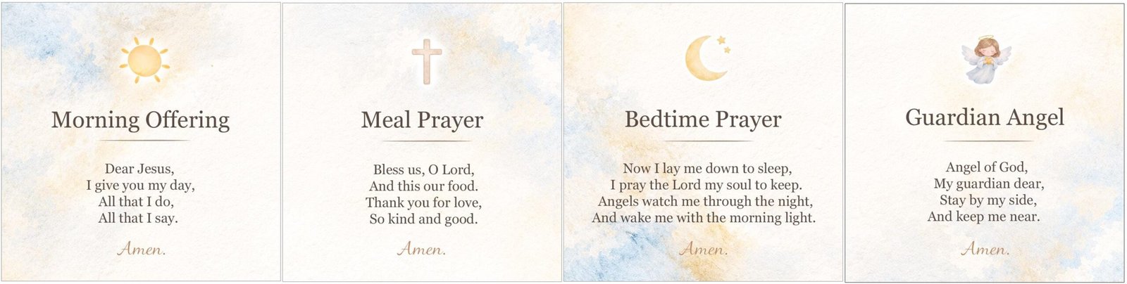 Kids Daily Prayer Print Bundle Watercolor | Morning Offering, Meal, Bedtime & Guardian Angel Prayers | English or Spanish Decor