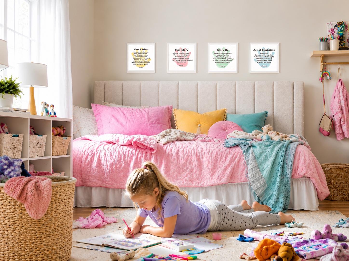 Kids Essential Catholic Prayer Print Bundle Handprint| Our Father, Hail Mary, Glory Be, & Act of Contrition | Nursery Bedroom Decor