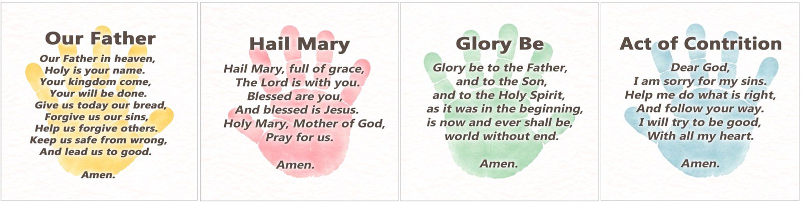 Kids Essential Catholic Prayer Print Bundle Handprint| Our Father, Hail Mary, Glory Be, & Act of Contrition | Nursery Bedroom Decor