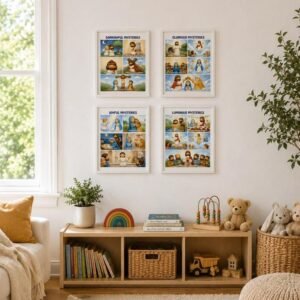 Kids Rosary Mysteries Print | Catholic Nursery Wall Art, Rosary Prayer Guide for Children