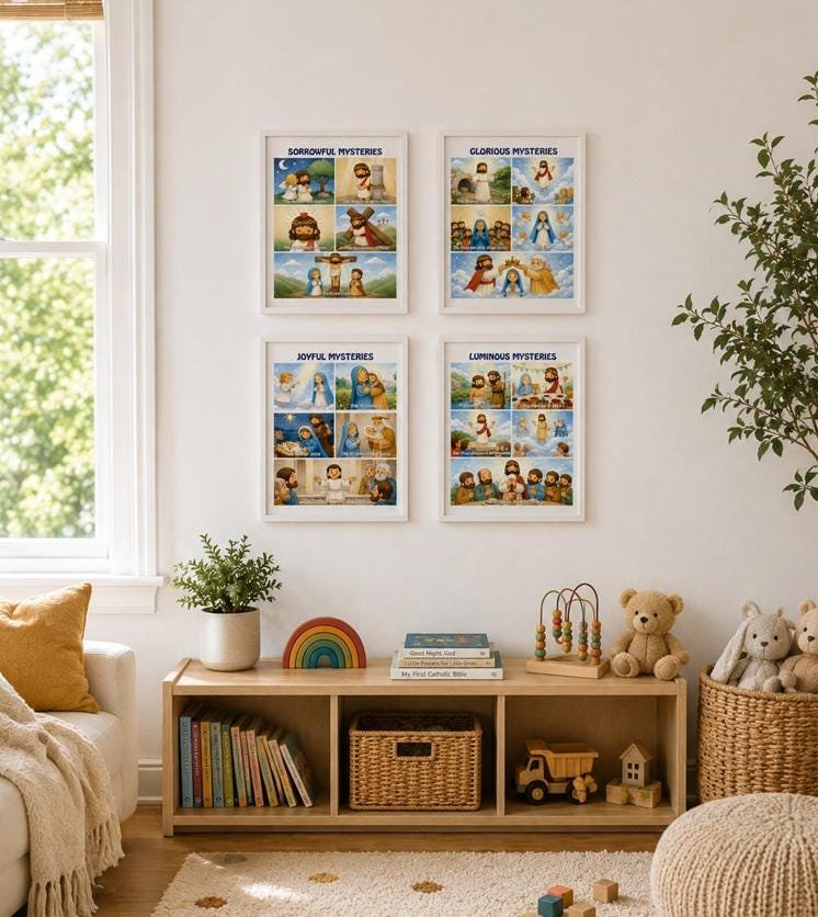 Kids Rosary Mysteries Print | Catholic Nursery Wall Art, Rosary Prayer Guide for Children