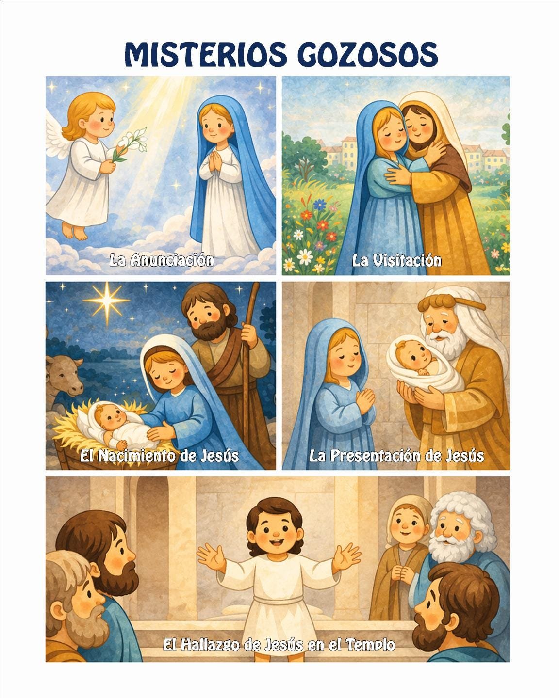 Kids Rosary Mysteries Print | Catholic Nursery Wall Art, Rosary Prayer Guide for Children